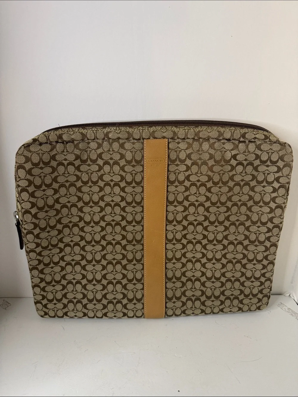Coach Signature Monogram Laptop Sleeve in Brown and Tan